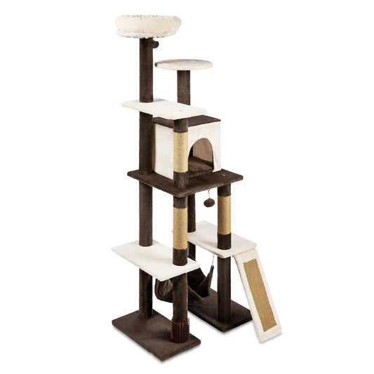 7-Level 65" Multi-Functional Cat Tree Activity Tower with Hammock, Brown & Cream